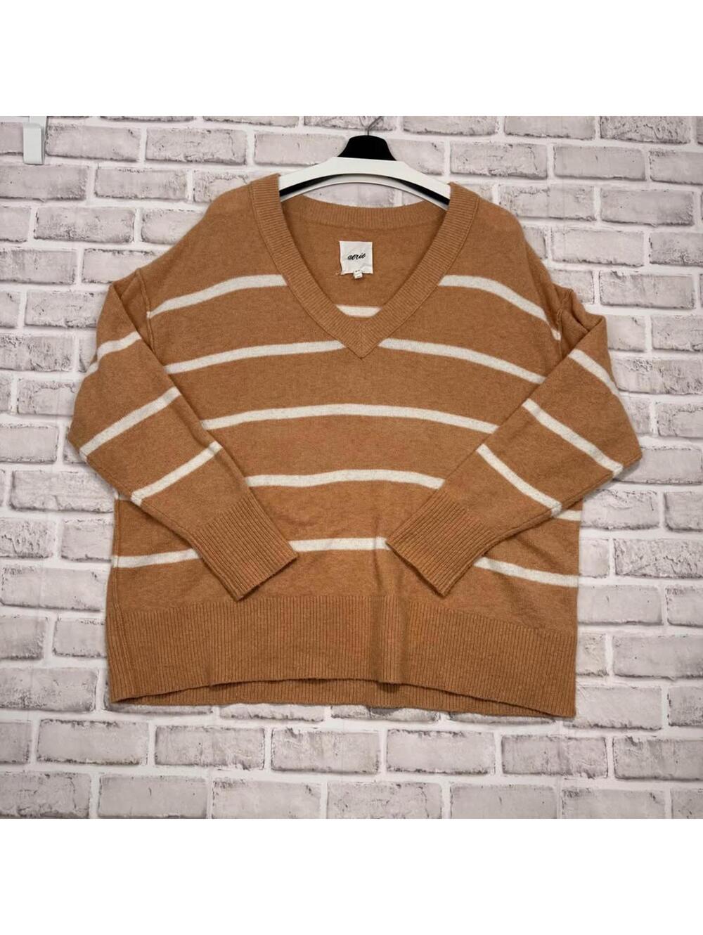 Aerie Camel and White‎ Striped V-neck Oversized Sweater Women's M